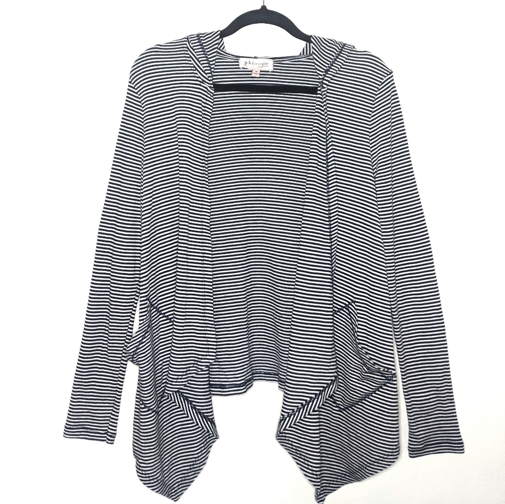Striped Hooded Open Front Cardigan Pockets